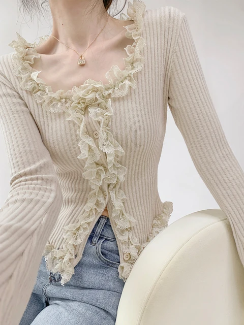 2026 Square Collar Lace Edge Splicing Long Sleeve Knitted Sweater Women's Retro Short Style Slim Tops Single-breasted Cardigan 2