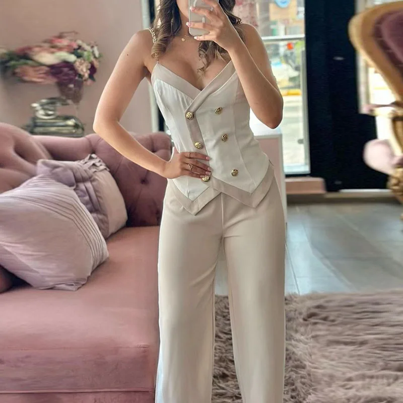 

Sexy Slim Contrast Color Two Piece Set Lady V-neck Sleeveless Suspender Top with Long Pants Suits Casual Club Party Women Outfit