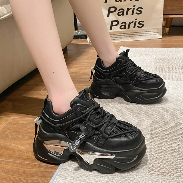 Zapatillas de deporte con plataforma para mujer, zapatos planos sin cordones,  calcetín de malla transpirable, color negro, Primavera, 2023 - AliExpress