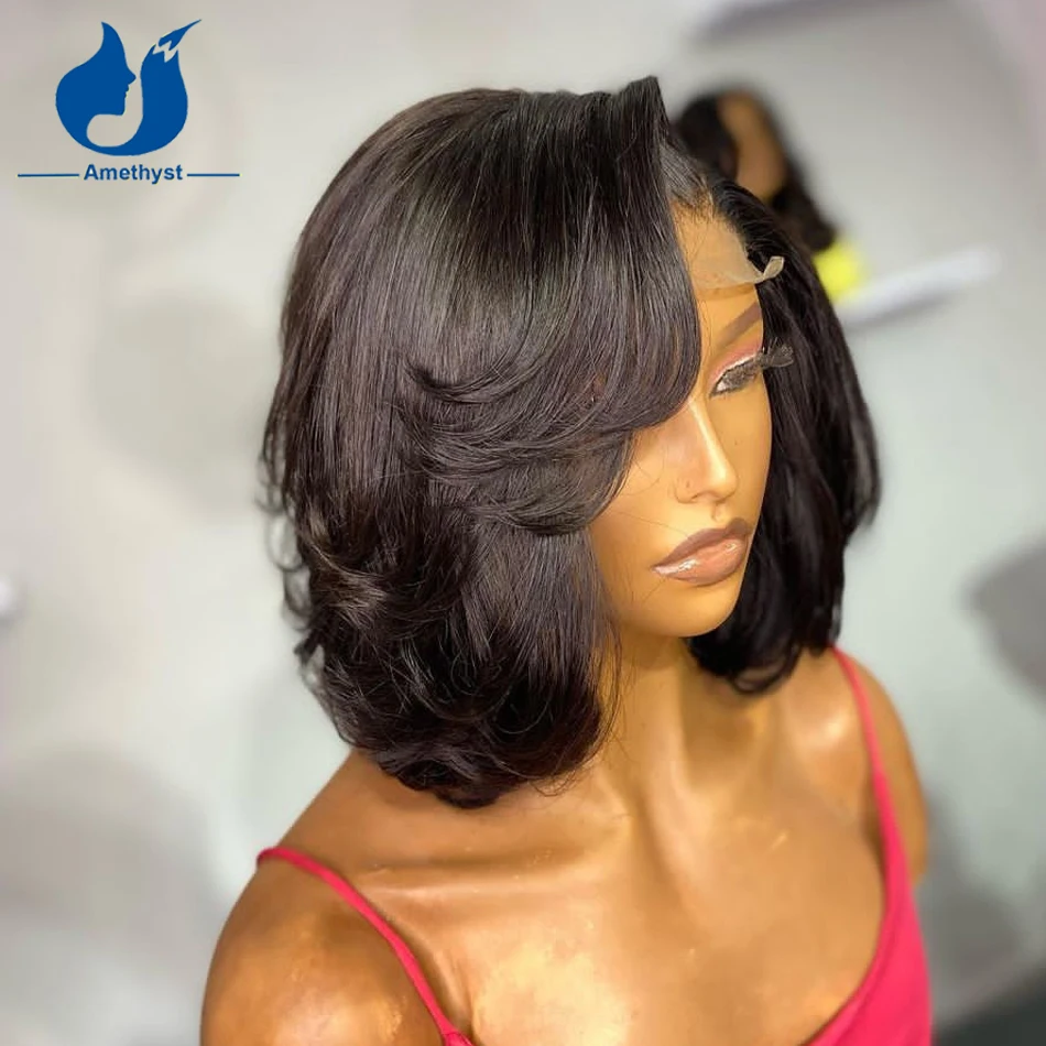 Amethist Zijdeel Gelaagd Gesneden Bob 5,5X4. 5pu Zijde Basis Kant Sluiting  Pruik Menselijk Haar Voor Vrouwen Golvende Braziliaanse Lijmloze 4X4  Sluiting - AliExpress, image size:950x950