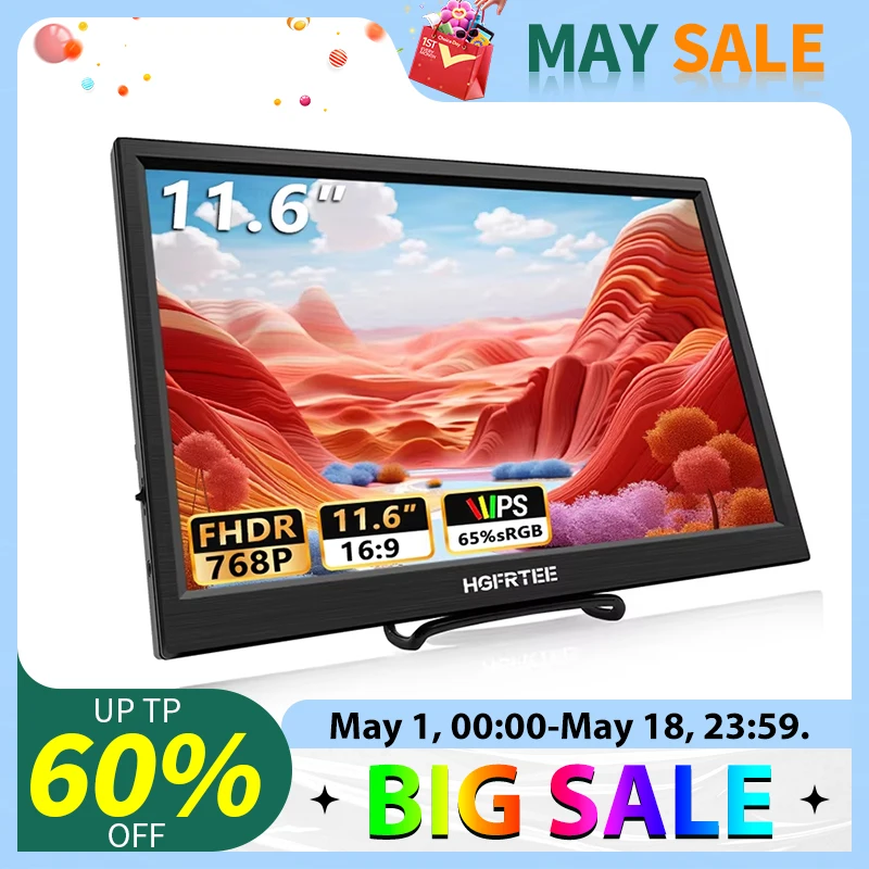 HGFRTEE portable monitor 11.6inch laptop monitor 768 display external monitor suitable for laptop and computer built-in speakers