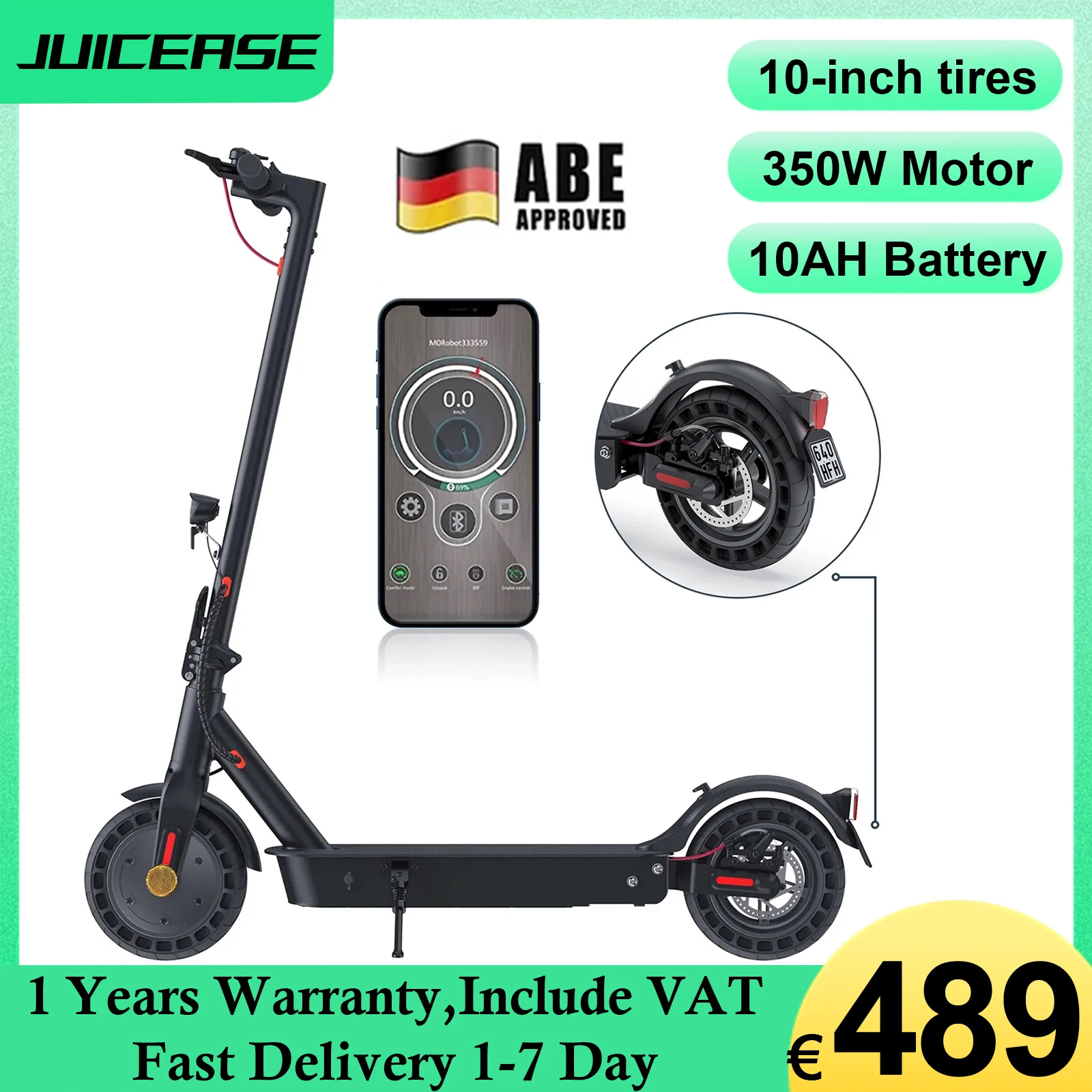Juicease Abe 10Ah 500W Scooter Elettrico Adult Max Range 40Km Scooter Elettrico Pieghevole Per Xiaomi M365 10 "Pneumatico E-Scooter