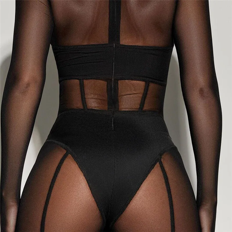 Underwear Patchwork Sheer Mesh Long Jumpsuits Women Sexy See Through Zipper Long Sleeve Skinny Club Party Rompers Slim Overalls