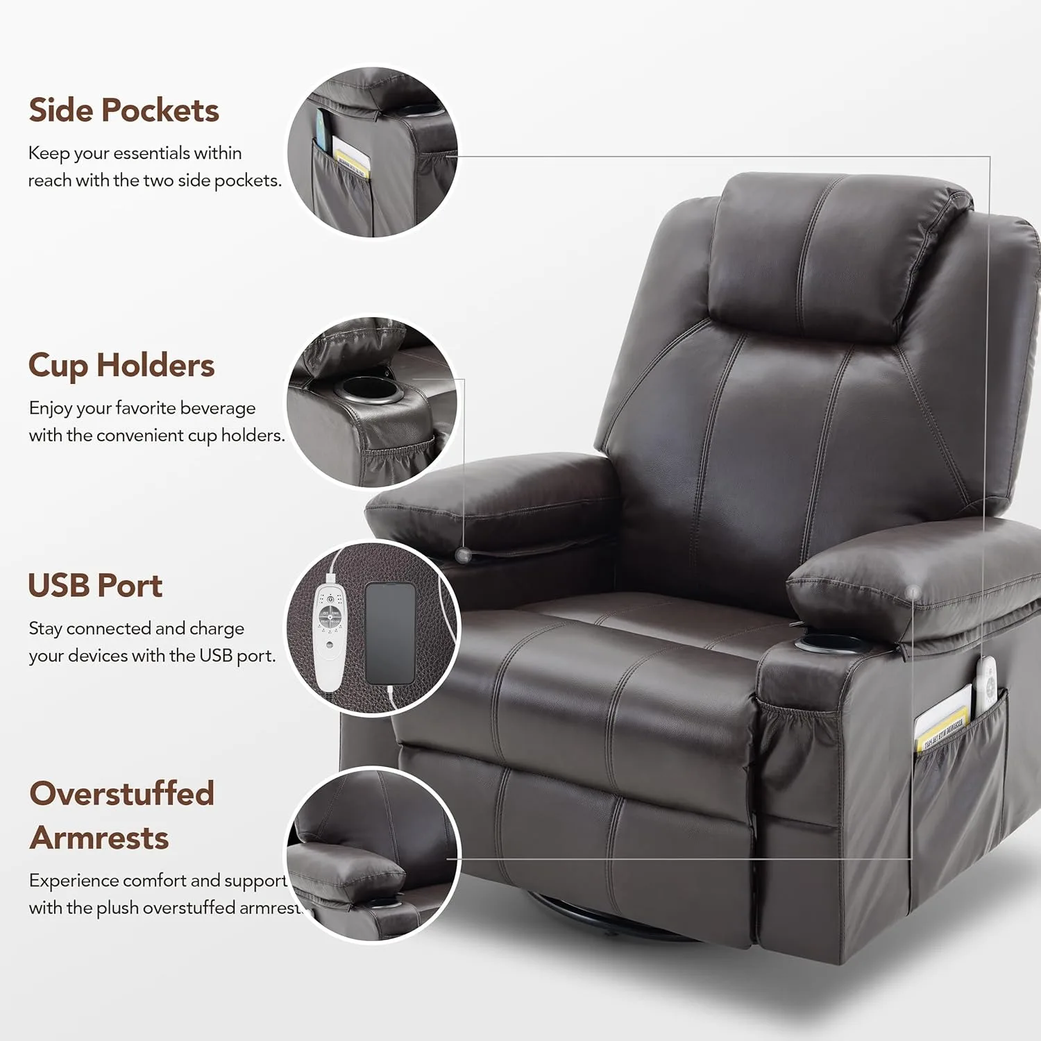 Oversized Swivel Rocker Recliner Chair with Heat and Massage 6