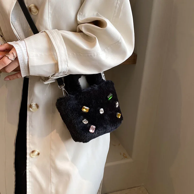 Candy Color Plush Tote Mini Diamonds Women's Handbags Rhinestone Faux Fur Bags for Women Winter Soft Shoulder Crossbody Bag Chic