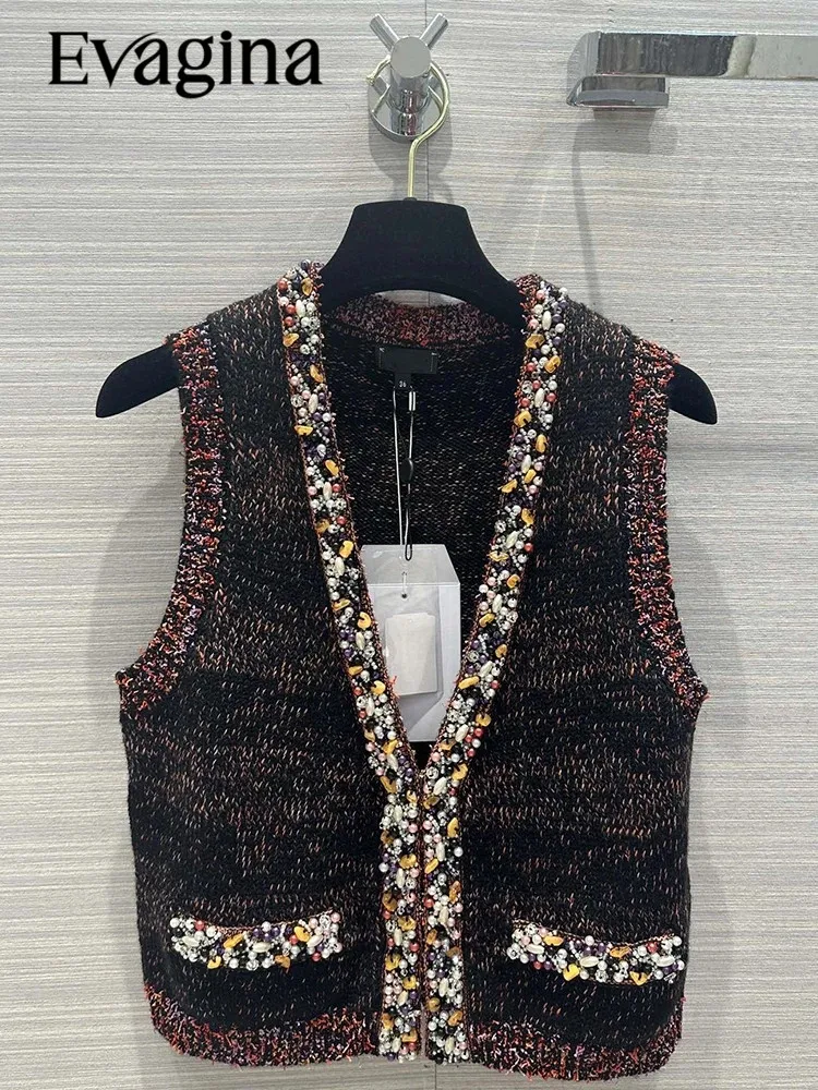 

Evagina New Summer Fashion Vintage Print Knitting Waistcoat Vests Coat Women's Sleeveless Pockets Beading Straight Waistcoat