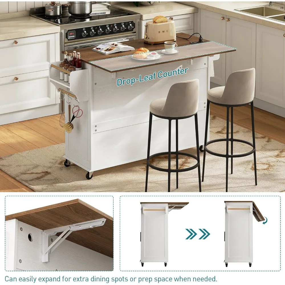 Kitchen Island with Drop Leaf, Kitchen Cart with Charging Station,Kitchen Table with Storage,Rolling Island Table with 3 Drawers 6