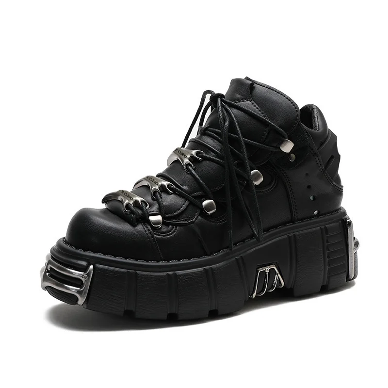 Punk Style Women Black Platform Shoes Metal Decor Lace-up