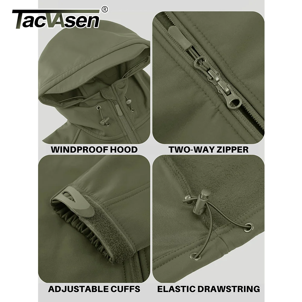 TACVASEN 남성용 방수 양털 안감 재킷, 지퍼 포켓 포함, 야외 소프트쉘 후드 하이킹 작업 재킷, 코트 바람막이