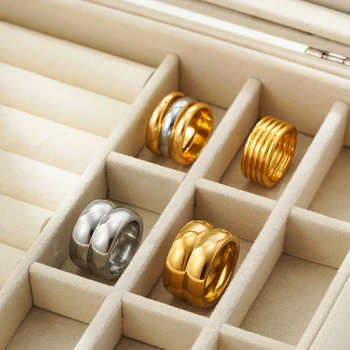 Anelli robusti a cerchio liscio multistrato di moda per le donne Regali di gioielli per dito con anello spesso placcato oro e argento di colore misto vintage