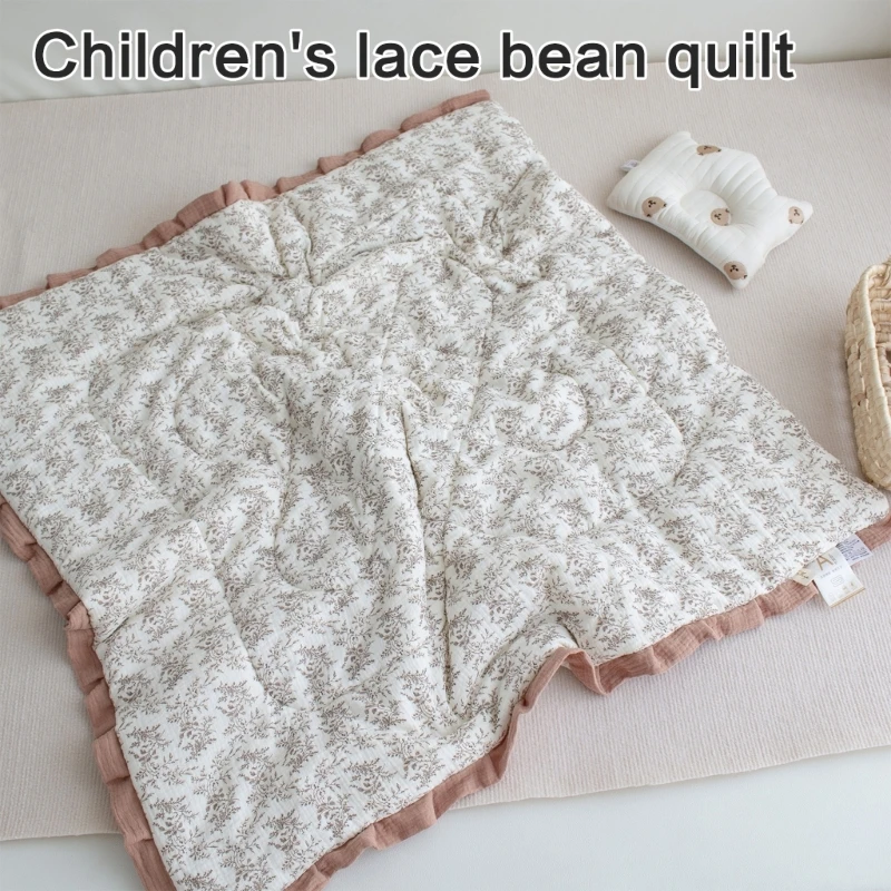 Lovely Kids Cotton Quilt Comfortable Baby Throw Blanket with Delicate Lace Edging for Toddlers Crib or Strollers A2UB