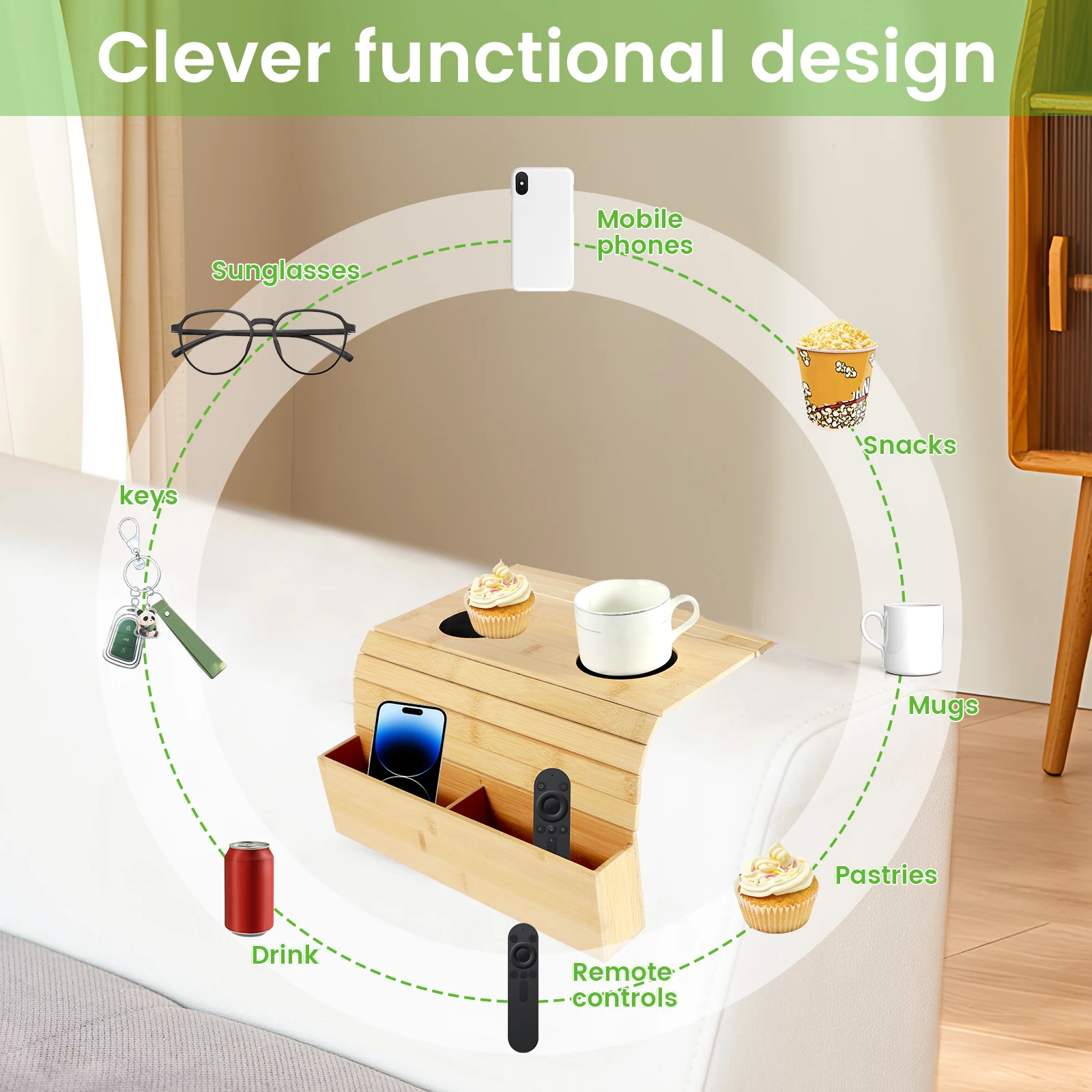 Sofa Arm Tray Bamboo Couch Arm Tray with Basket Foldable Nonslip Splash Proof Sofa Organizer Tray Sofa Arm Table for Drink Snack 3