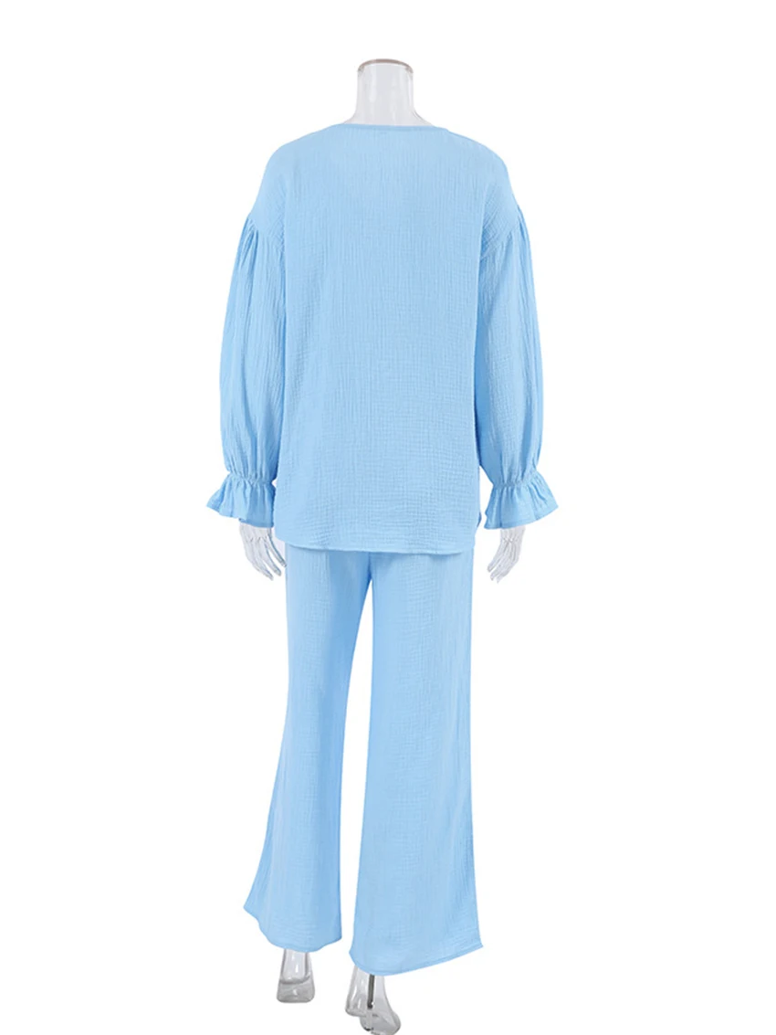 Marthaqiqi Cotton Ladies Nightwear Suit Long Sleeve Nightgowns Turn-Down Collar Sleepwear Wide Leg Pants Home Clothes For Women