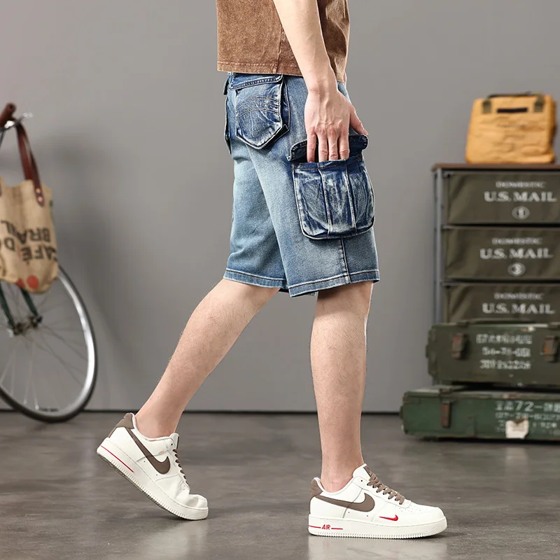 American High Street Washed Retro Denim Shorts Youth Fashion Multi-pocket Loose Denim Pants for Men Workwear Shorts