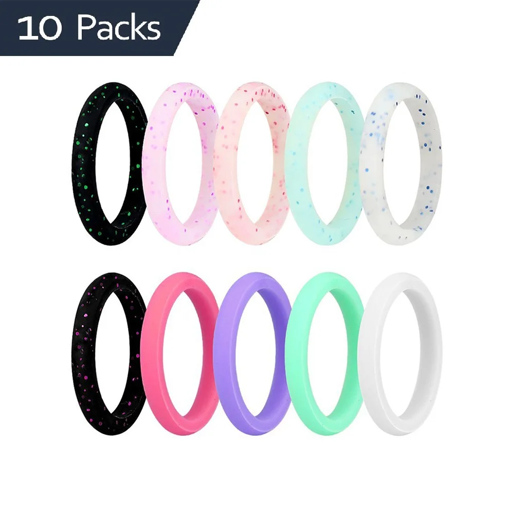 3mm Width Size 4-10 Gloss and Glitter Silicone Ring Set Hypoallergenic for Women Girls Fashion Party Engagement Gifts
