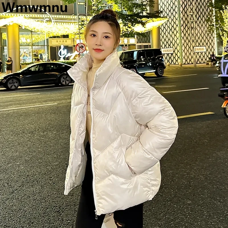 

Winter Warm Glossy Down Cotton Parkas Thicken Plus Size Jackets Korean Fashion Padded Coats Stand Collar Women Quilted Outerwear