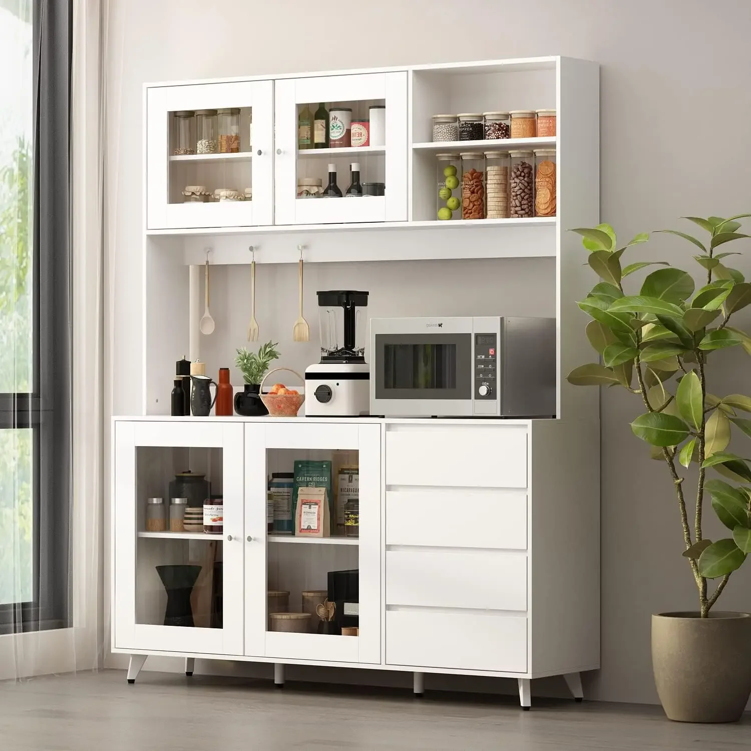 

Freestanding Kitchen Pantry Storage Cabinet with 4 Glass Doors, Shelves & 4 Drawers, Modern Sideboard Buffet Cabinet, Cupboard