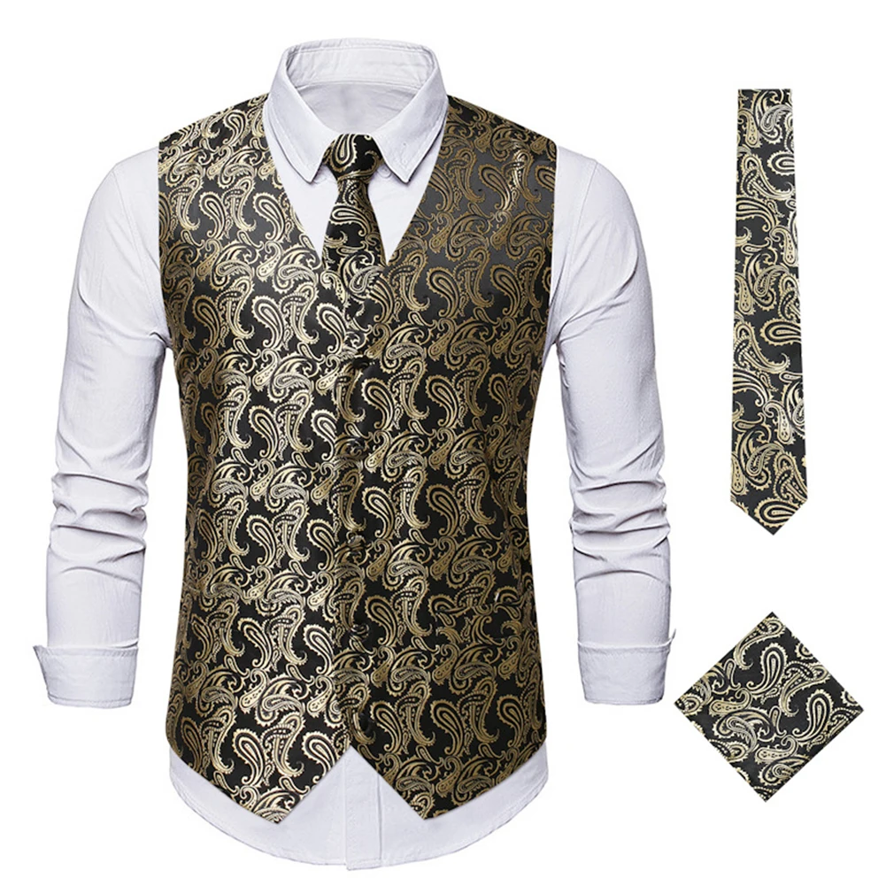 3Pcs/Set Men Suit Vests Square Scarf And Tie Embroidery Single Breasted Men Formal Waistcoat Vest Wedding Suit Set
