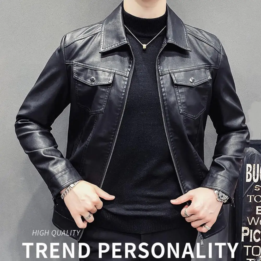 

Fall Winter Jacket for Men Stylish Men's Black Zipper Lapel Motorcycle Jacket Fashionable Durable Faux Leather Coat for Home