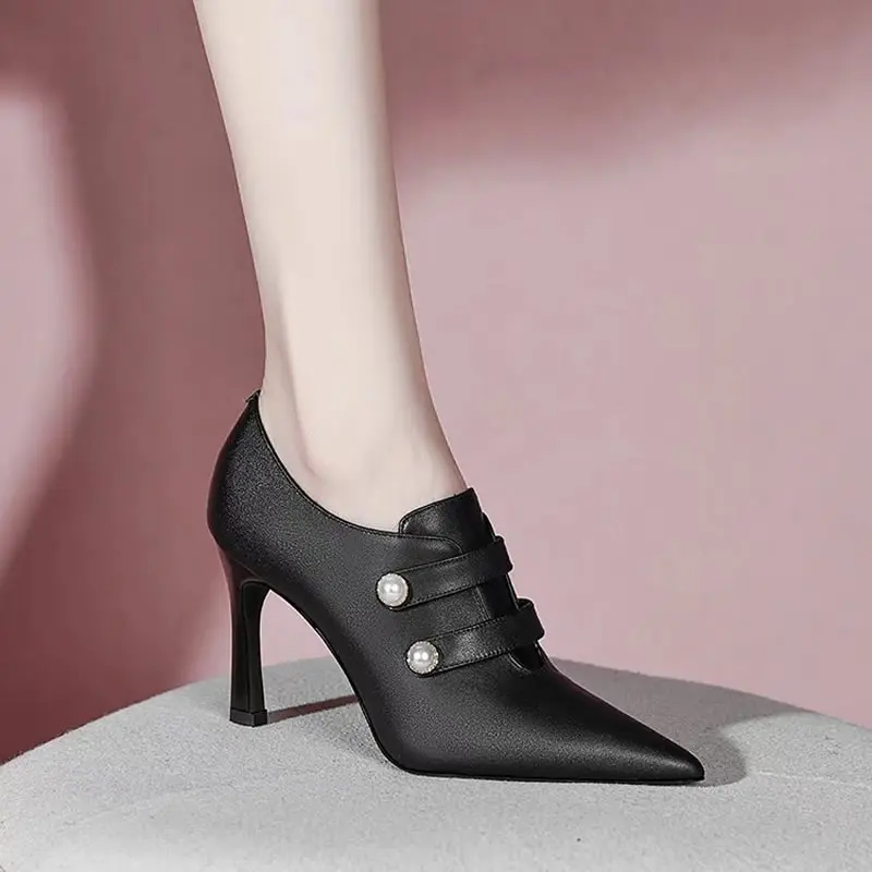 Ladies Bare Boots Women High Heels Dress Shoes Double Pearl Booties New Designer Winter Autumn Ankle Boots Zip Pointed Toe Pumps