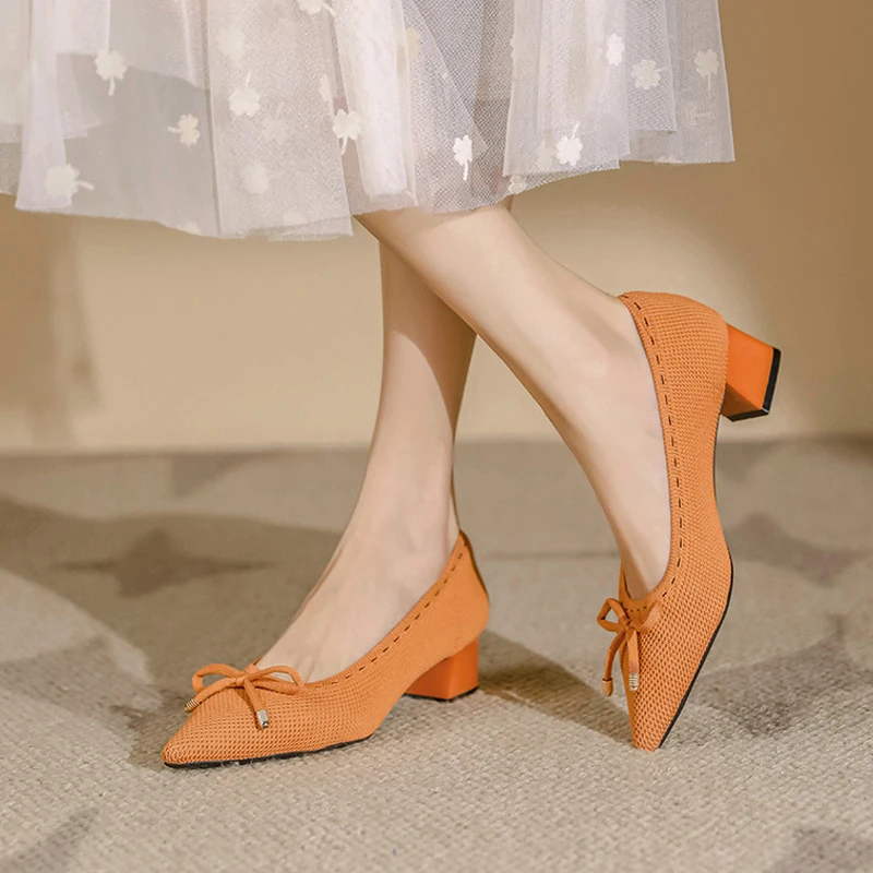 Women's Large Heels 41/42/43 Soft Knitted Fashion Bow Shoes 2025 New Edition 3