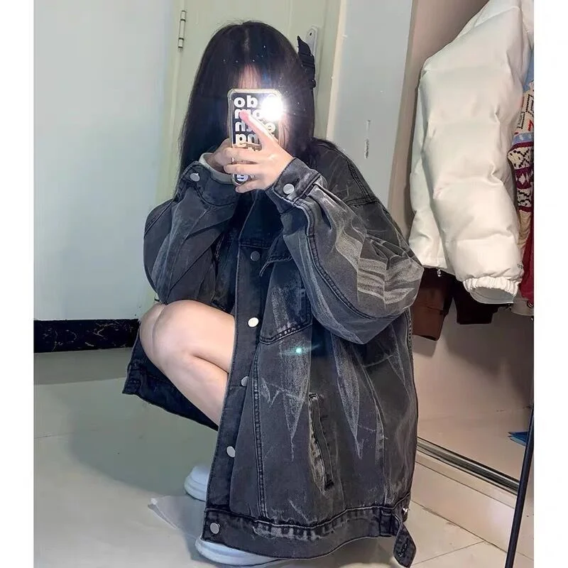 New Fashion Simple Spring Autumn 50% Cotton Fried Street Tie Dyed Denim Coat Women's Lazy Relaxed Design with Old Street Style
