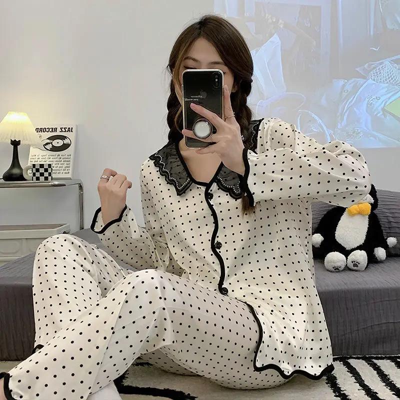 Ice Silk Sleepwear Spring Autumn New Female Long Sleeve Sweet Cute Loungewear Suit Casual Thin Large Size Women's Pajama Set