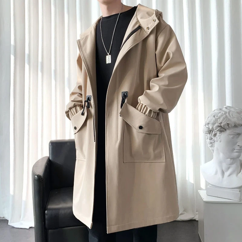 Spring Autumn Printing Hooded Long Sleeve Fashion Trench Man High Street Casual Loose Zipper Patchwork Pockets Cardigan