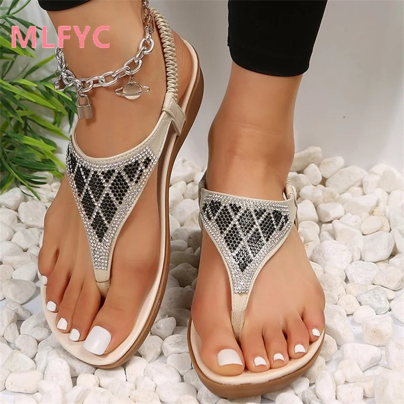 

Sandals for women's new summer ethnic style herringbone clip toe sloping heel thick sole beach shoes for ladies casual flats