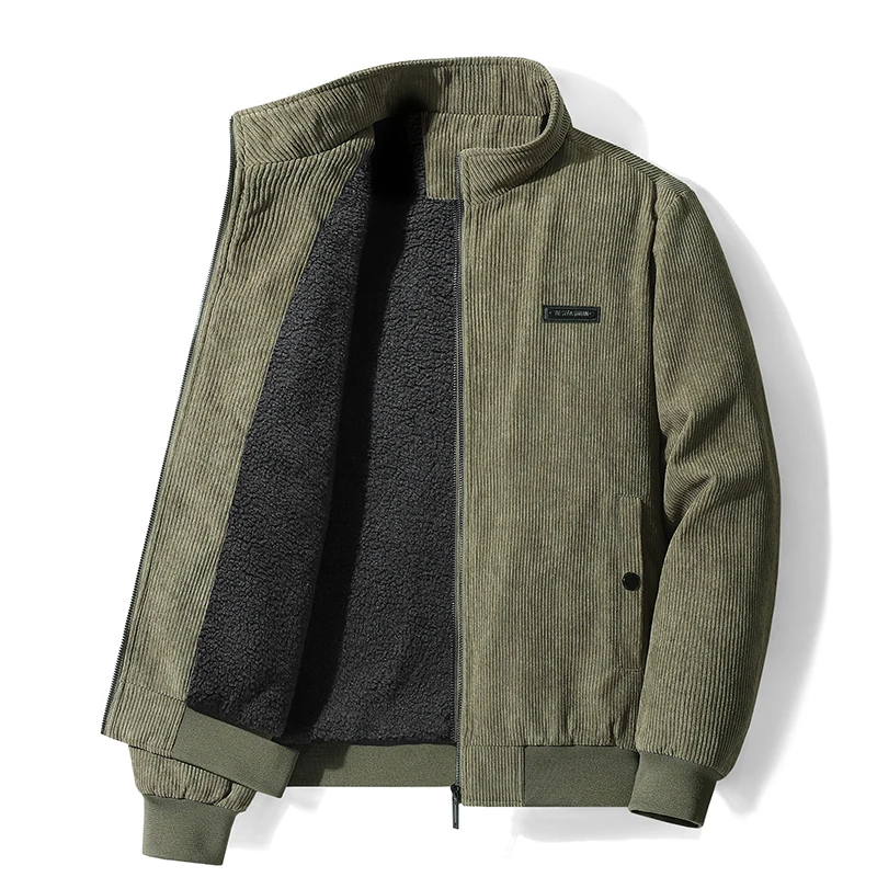 Fleece Jacket Men Winter Thick Corduroy Jackets Coats Solid Color Zipper Stand Collar Windbreaker Fashion Casual Parkas Outwear 5