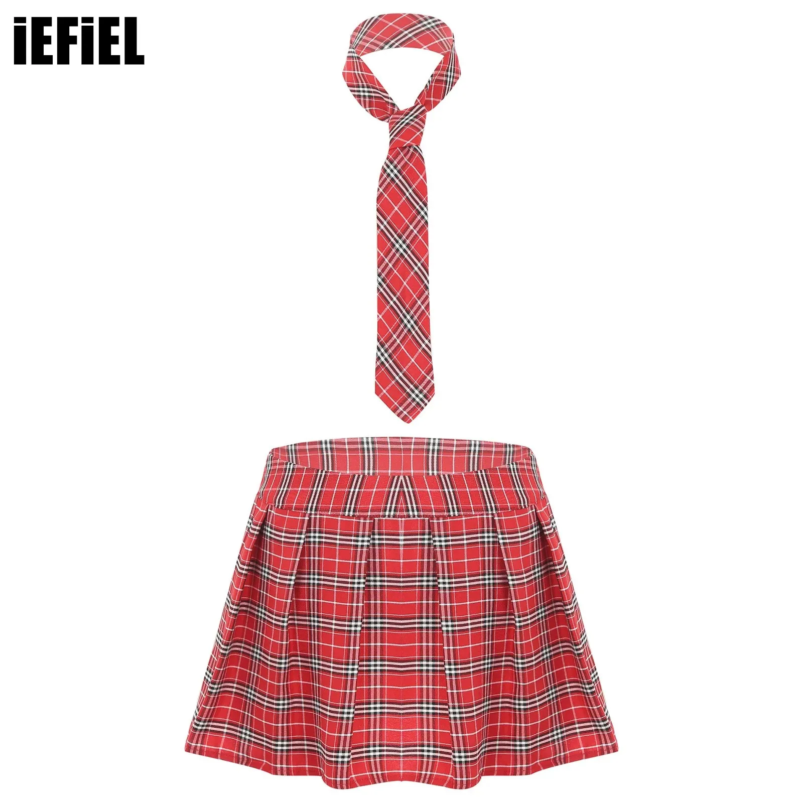 Women Schoolgirls Pleated Skirt Role Play Costume Fancy Dress Ball Outfit Zipper Plaid Pleated Mini Skirt with Necktie
