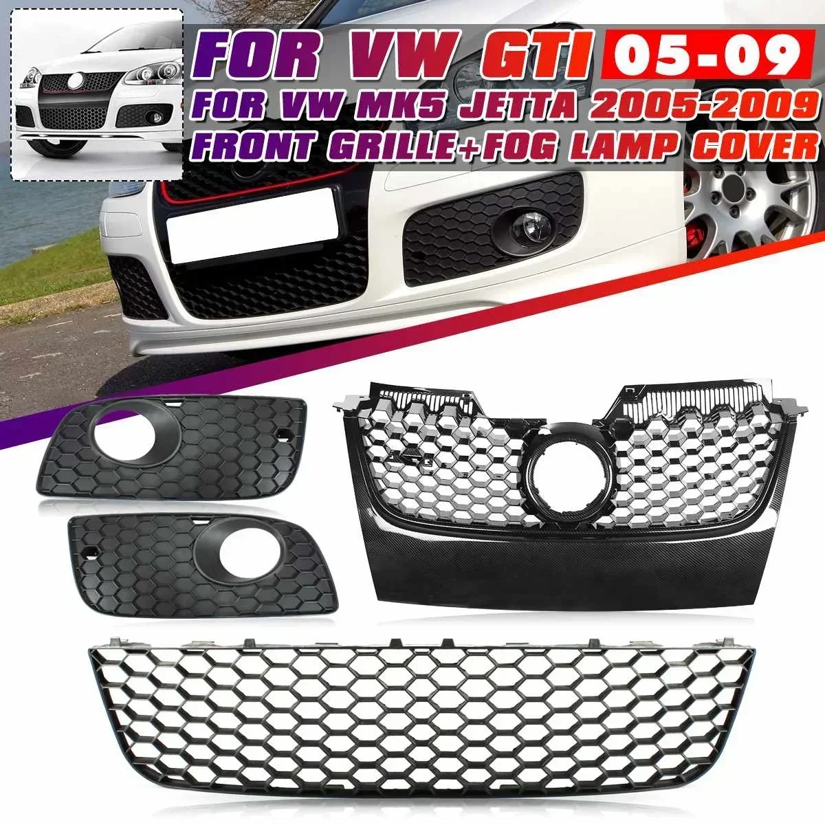 Mk5 Gti Paraurti Anteriore Griglia Inferiore + Cofano Anteriore Griglia Centrale + Copertura Griglia Fendinebbia Per Vw Golf Mk5 Gti Per Jetta Gt 2005