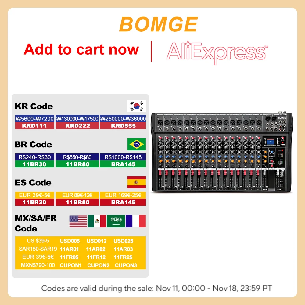 Audio Mixer CT-16 16 Channels Audio Sound Mixer Digital Console Interface Console Mixing DJ USB with 48V Phantom Power