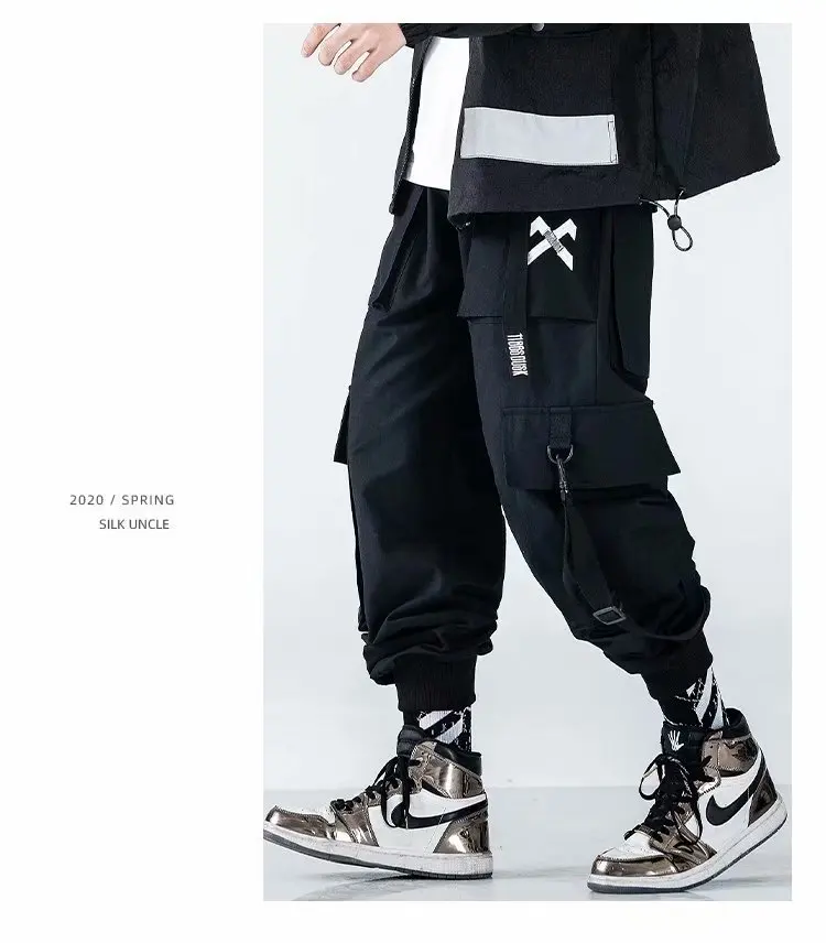 Techwear Ribbons Hip Hop Tactical Cargo Pants Men's Casual Letter Embroidery Streetwear Dance Sport Pencil Pants Male Trousers black cargos