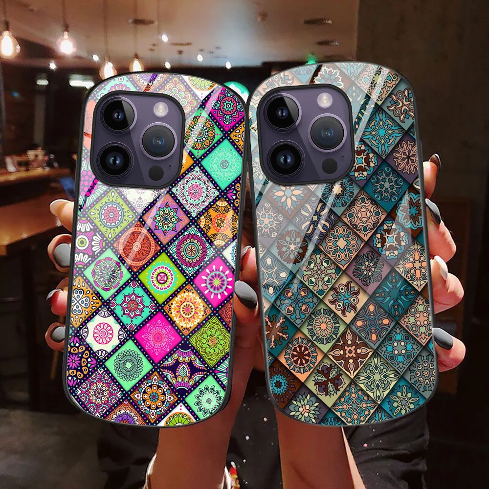 

Vintage Mandala Cases for iPhone 14 13 12 11 ProMax XR XS Max 7 8 SE 2022 Luxury Oval Tempered Glass Bumper Fundas Y2k Cover