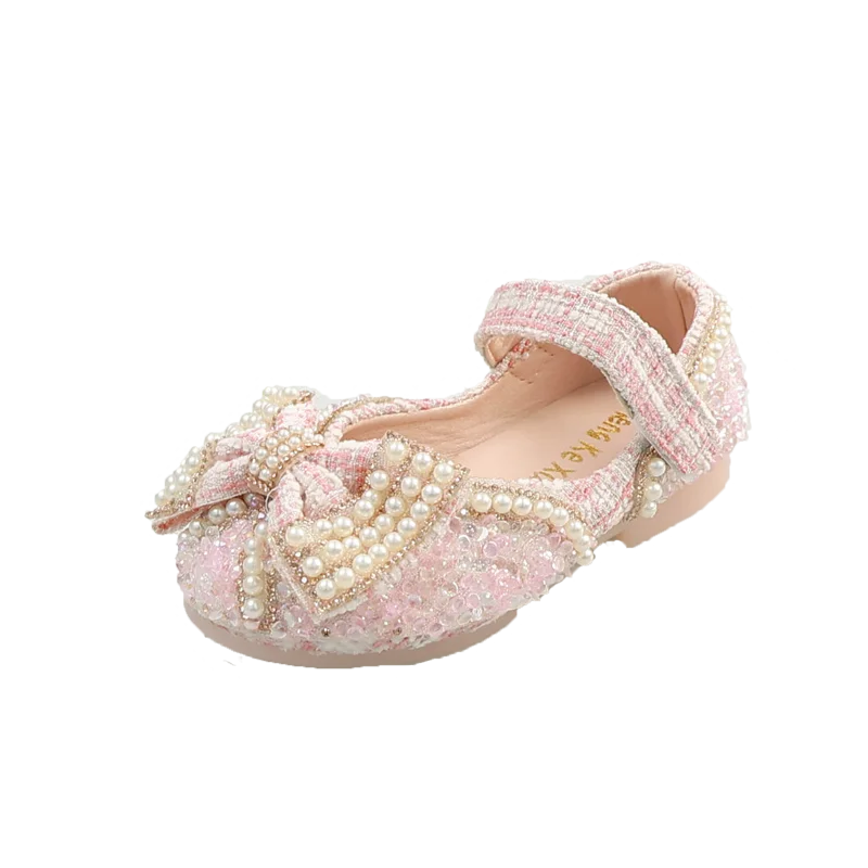 Elegant Girl's Princess Shoes Beading Bowknot Four Colors Children Mary Janes Sweet Party 21-37 Beautiful Fashion Kids Flat Shoe