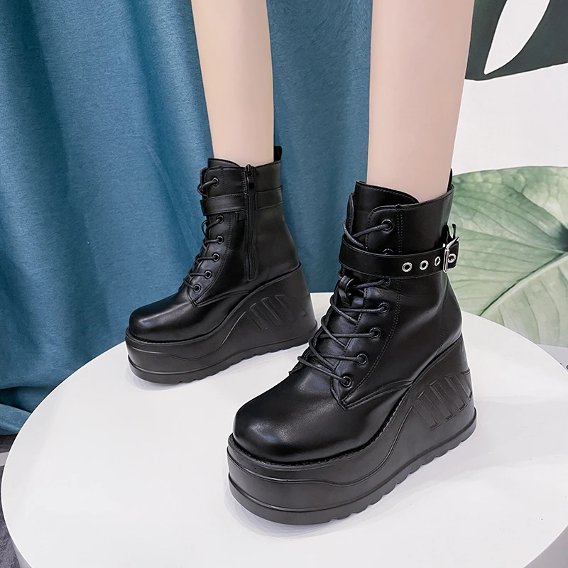 2023 Shoes for Female Side Zip Belt Buckle Women's Ankle Boots Wedge Heel Women's Shoes High Platform Plus Size Ladies Boots