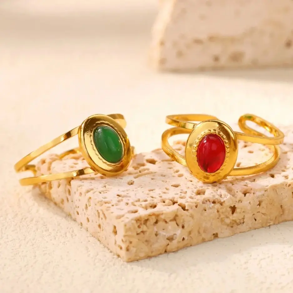 Opal Oval Adjustable Rings Women Gold Stainless Steel