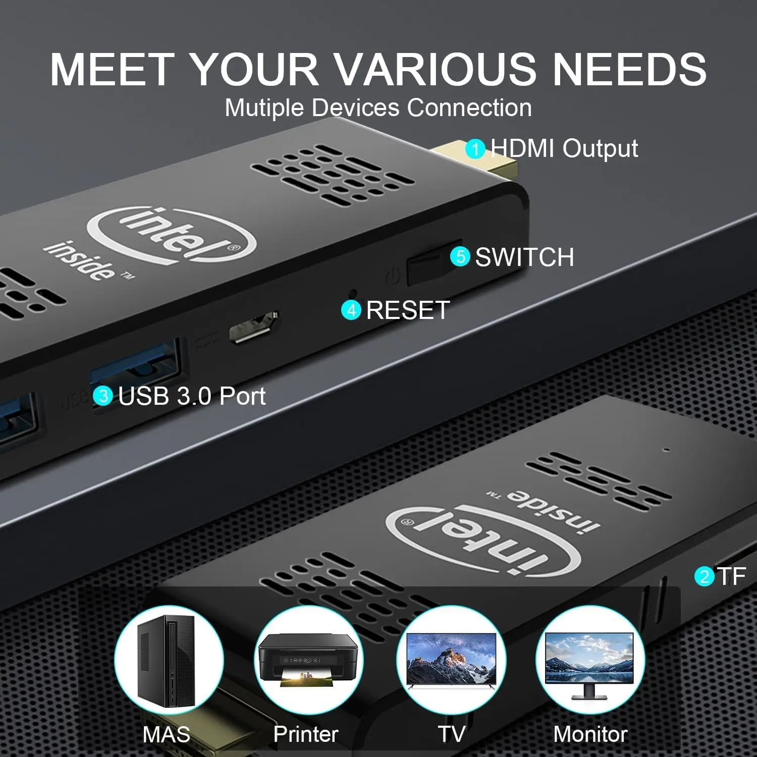 Intel W5 pro Mini PC Computer Stick with Windows 10 Atom Z8350 4GB/8GB RAM 64GB/128GB eMMC WiFI5 Bluetooth 4.0 Built-in Fan 6