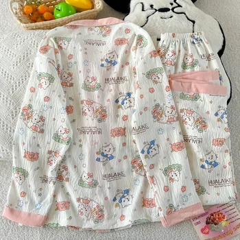 HelloKitty الحلو لطيف Harajuku نمط المرأة منامة الكرتون طباعة Kawaii موضة 2 قطعة مجموعة ملابس خاصة الخريف الشتاء ملابس منزلية جديدة 2