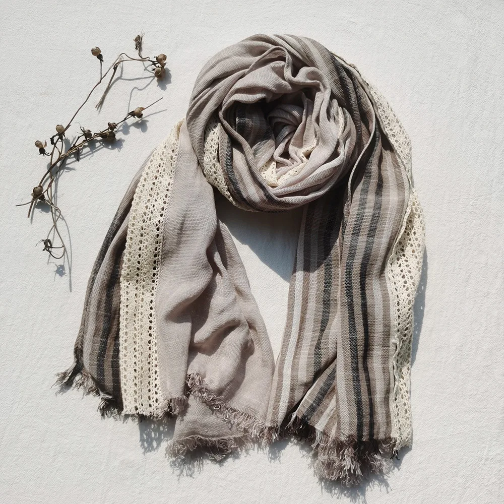 

2022 Newest Women Yarn dyed Lace patchwork Hollow Scarf Cotton Scarf Shawls