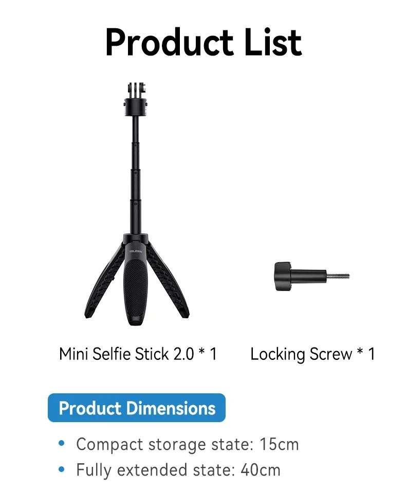 Portable Extendable Selfie Stick Tripod for GoPro/Insta360/DJI Osmo - Quick Rele