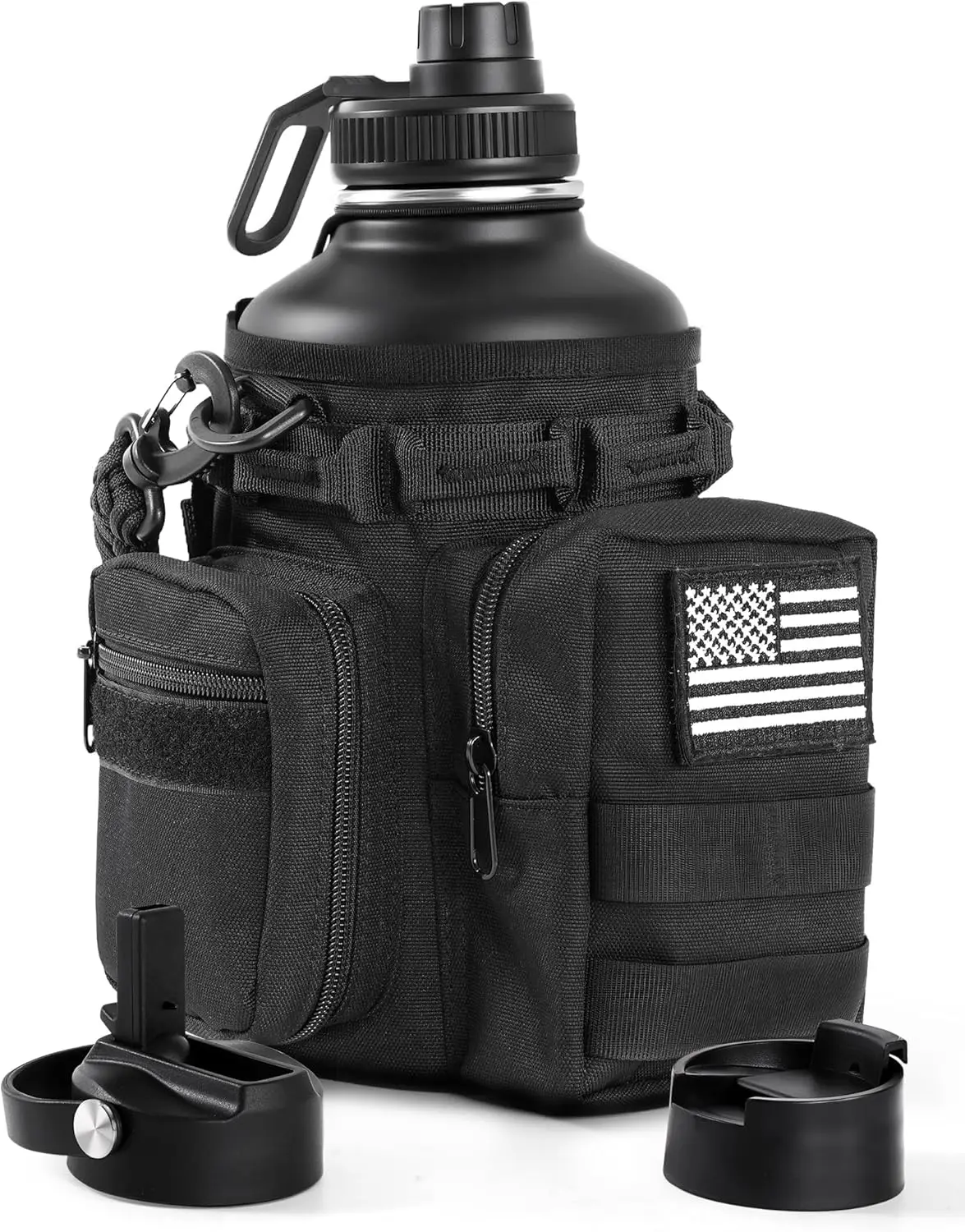 Tactical 64 Oz Insulated Water Bottle with Straw, Stainless Steel Sport Bottle, BPA Free, 3 Lids, Molle Compatible (Black)