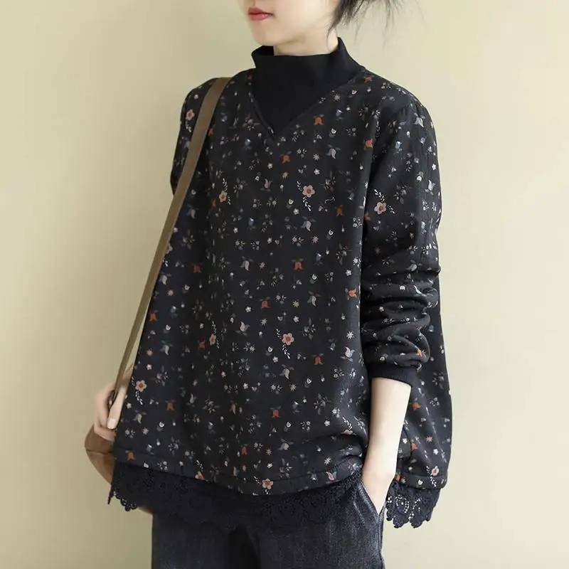 Women's Autumn Winter Fashion Minimalist High Neck Printed Lace Patchwork Casual Versatile Long Sleeved Loose Sweatshirts Tops