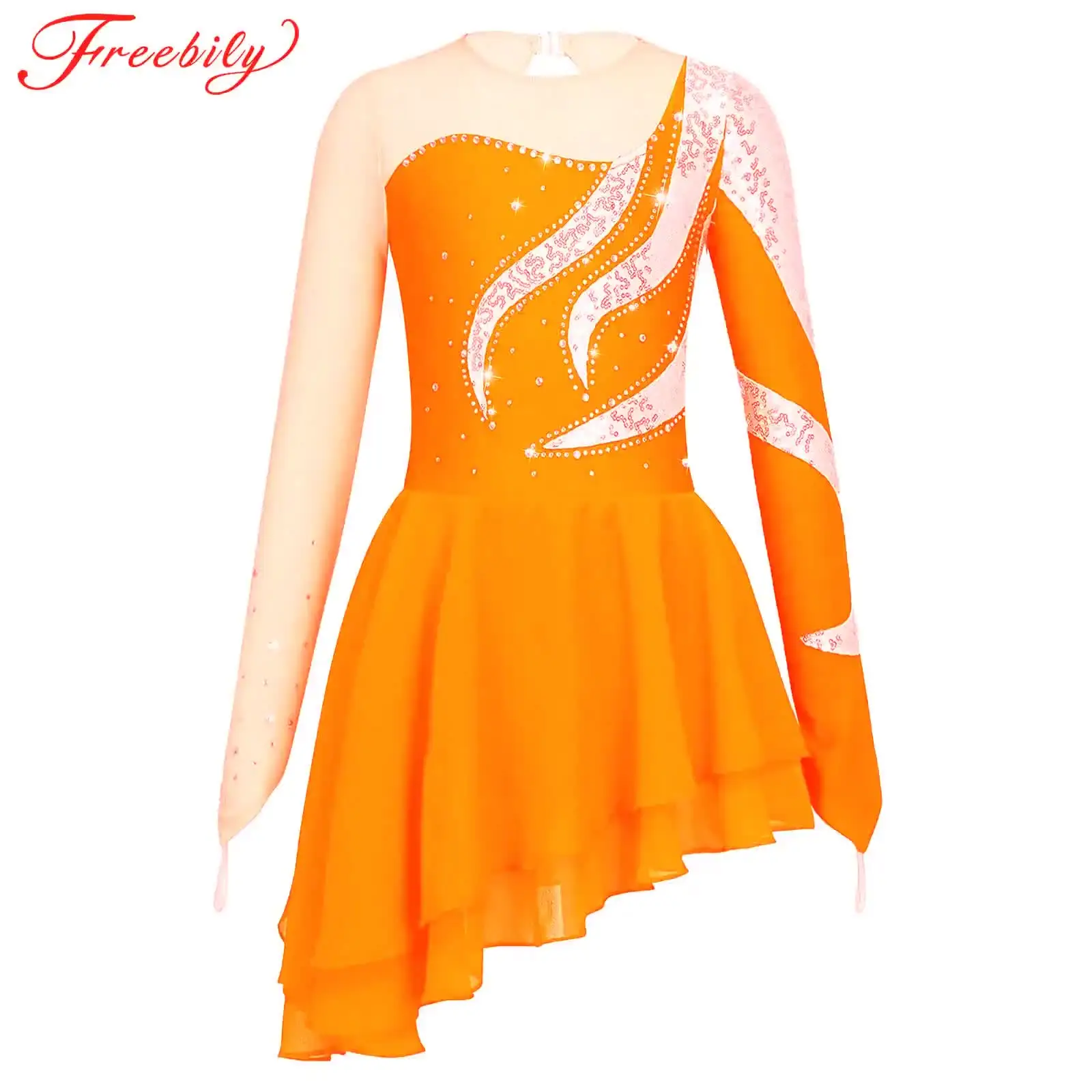 Girls Figure Skating Dress - Rhinestone Mesh Costume For Competition & Performance
