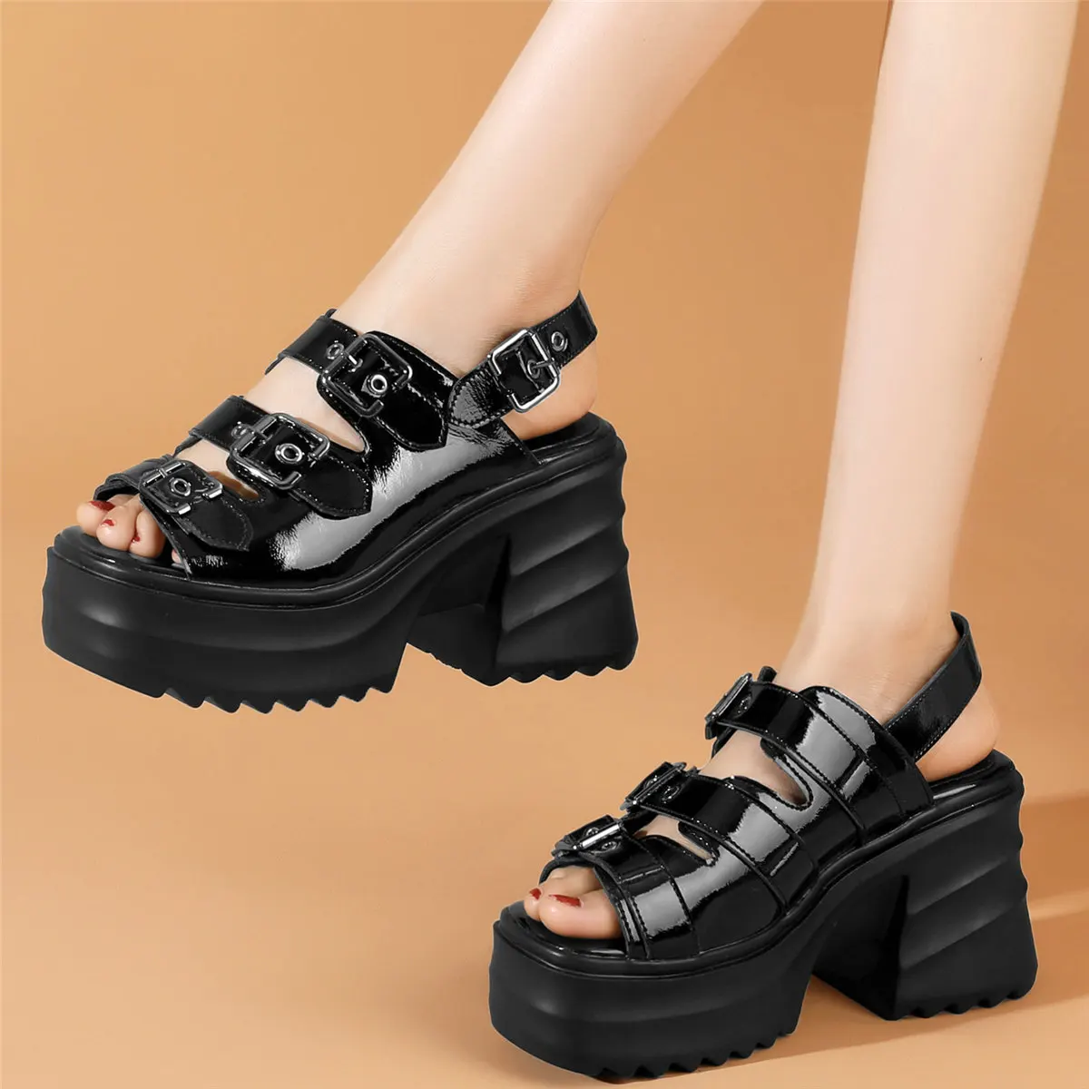 

Platform Pumps Shoe Women Back Strap Genuine Leather Cuban High Heels Gladiator Sandals Female Open Toe Ankle Boots Casual Shoes