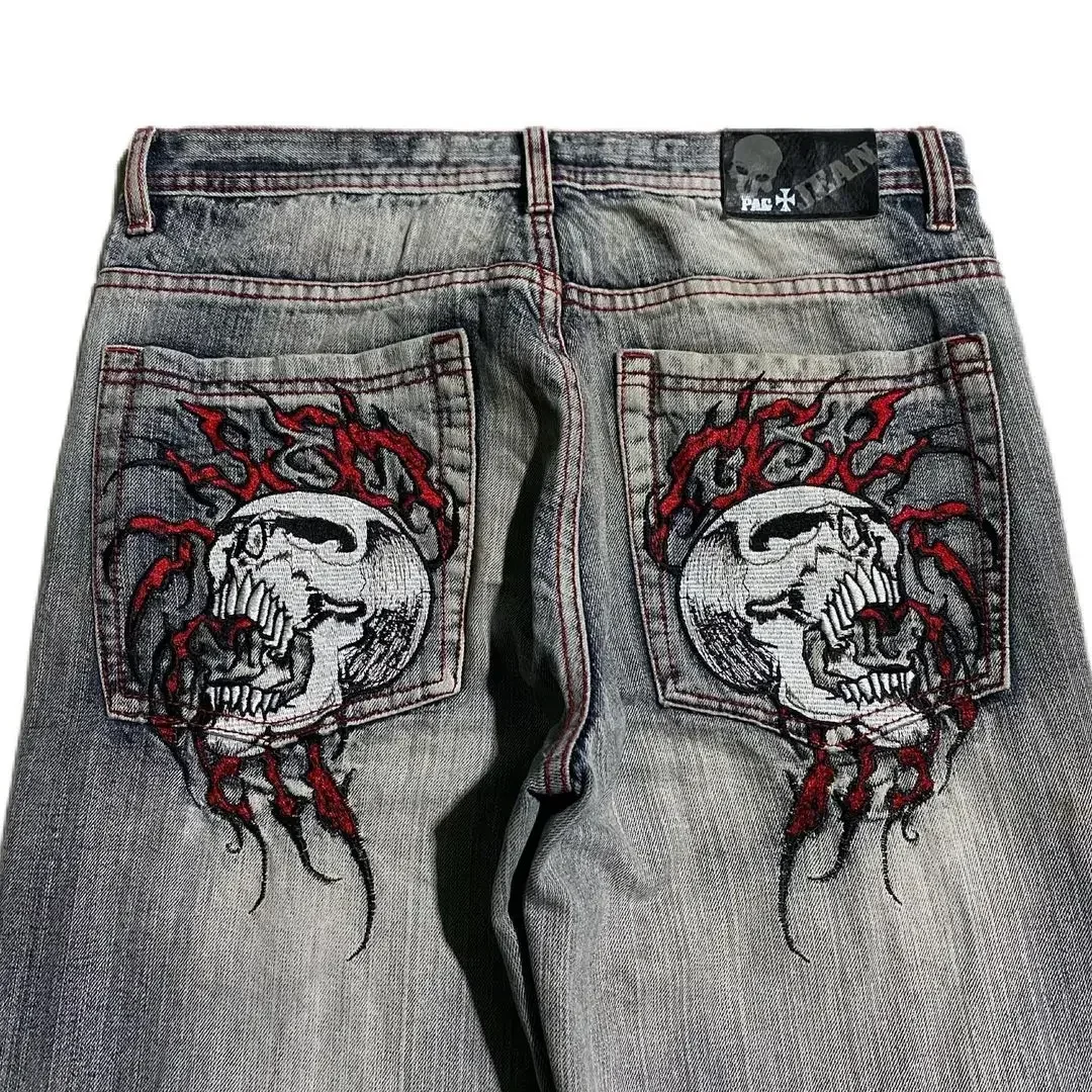 Goth Style Skull Embroidery Y2K Jeans Men Streetwear Hip Hop Wash Loose Harajuku Baggy Casual Oversize High Waist Wide Leg Pants