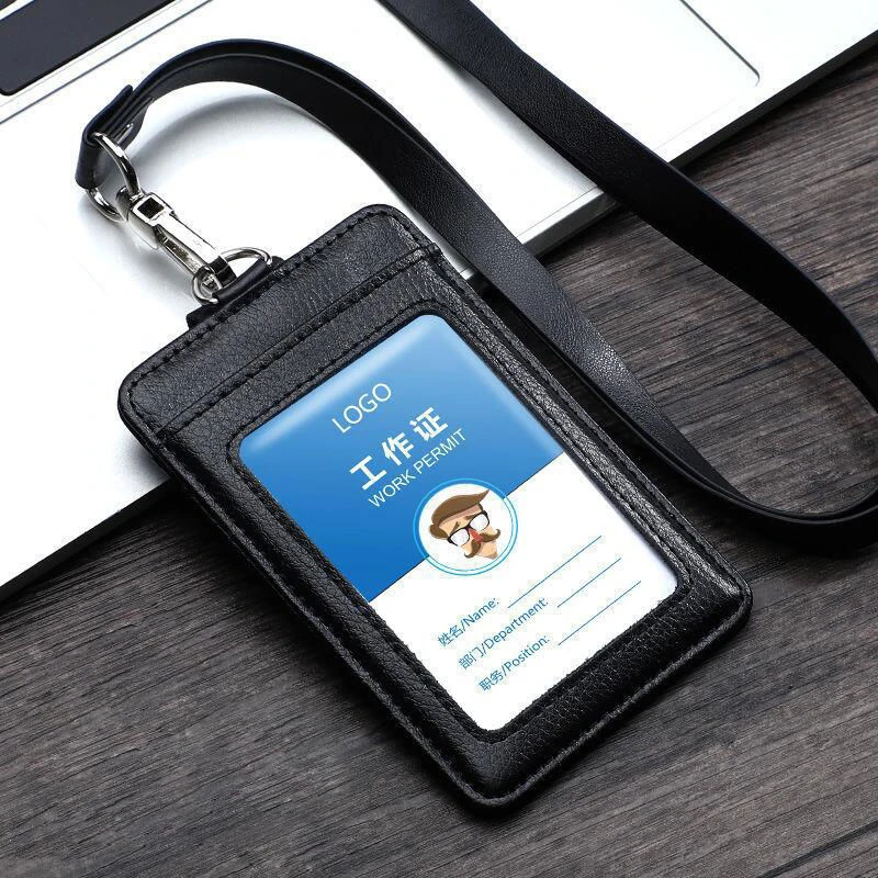 Real Leather Business Work Card Holder ID Badge Holders with Nylon Lanyard Id Name Tag Chest Cards Cases Retractable Reel Clips