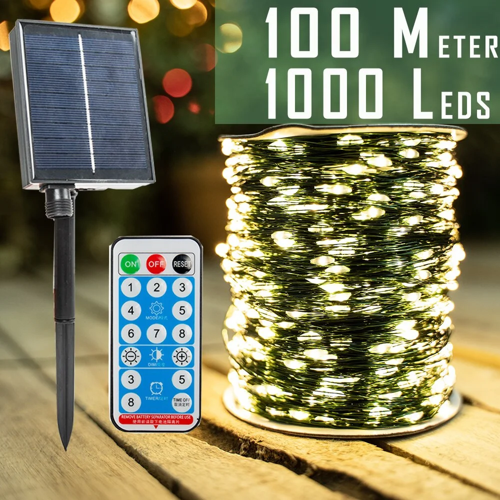 

100m Fairy Lights Outdoor Solar Powered String Remote Control Green Christmas Lights Waterproof Wedding Decoration for Garden