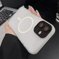 2024 Magnetic Luxury Matte Translucent Armor Shockproof Case with MagSafe Compatibility for iPhone 13 (White)